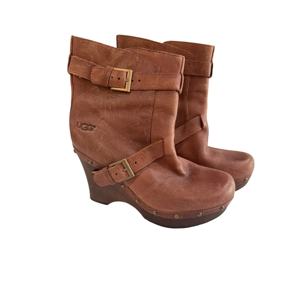 UGG Taryn Wedge Ankle Boots Women 7 Brown Leather Buckle Stud 1001316